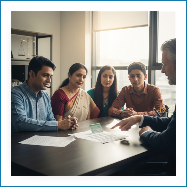 Indian Immigrant family meeting with an immigration attorney in a law office