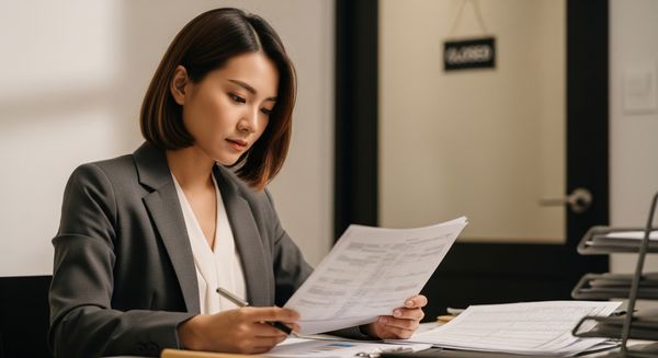 Entrepreneur sitting at a desk in a small office, reviewing financial documents