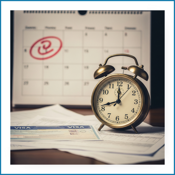 A clock and scattered papers scattered, with a visa document peeking out