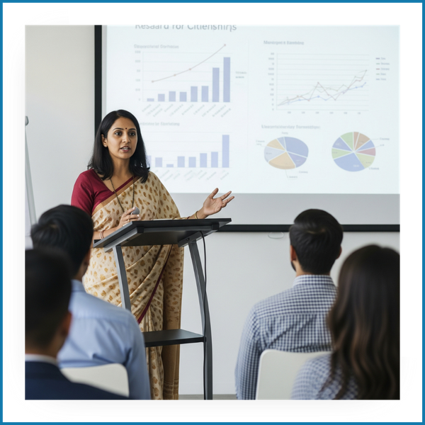 An Indian woman presenting research to a small audience