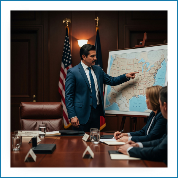 Mexican man in a suit pointing to a map of the U.S in a boardroom setting.