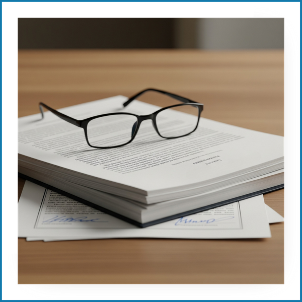 A stack of professional documents on a desk