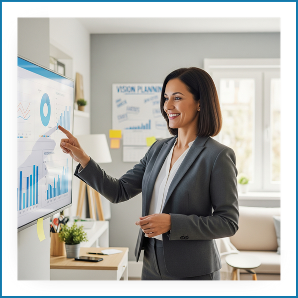 A confident professional giving a virtual presentation with charts on screen, in a home office.