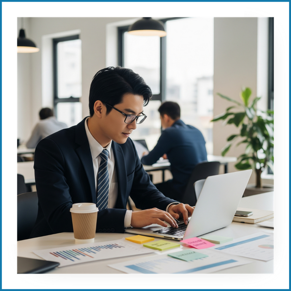 An asian independent consultant working from a laptop in a modern co-working space