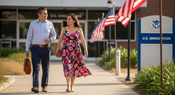 A mexican couple walking together outside a U.S. immigration office