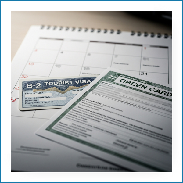 A calendar, B-2 tourist visa, and a green card application partially overlap on a desk