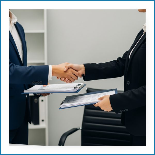 Two people shaking hands in a business setting