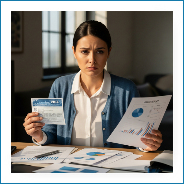 A person holding both a U.S. visa document and a business report with declining graphs