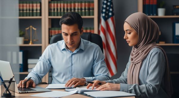 A man and woman sitting at a desk with legal documents, an American flag in the background