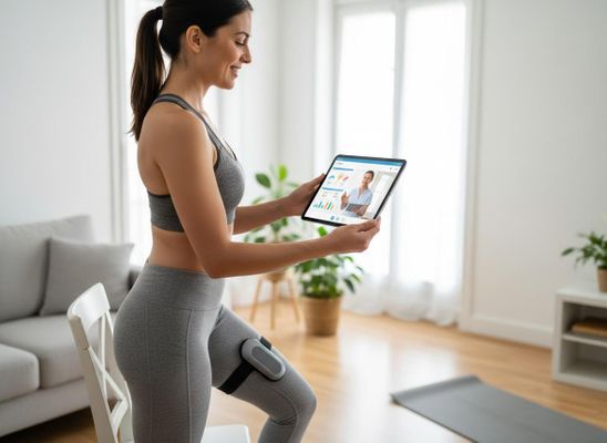 Woman exercising at home with remote trainer and wearable device