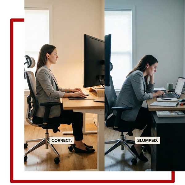A split-screen or lifestyle shot showing a person sitting with correct posture at a computer desk versus a slumped position. This illustrates the ergonomic education provided by the clinic.
