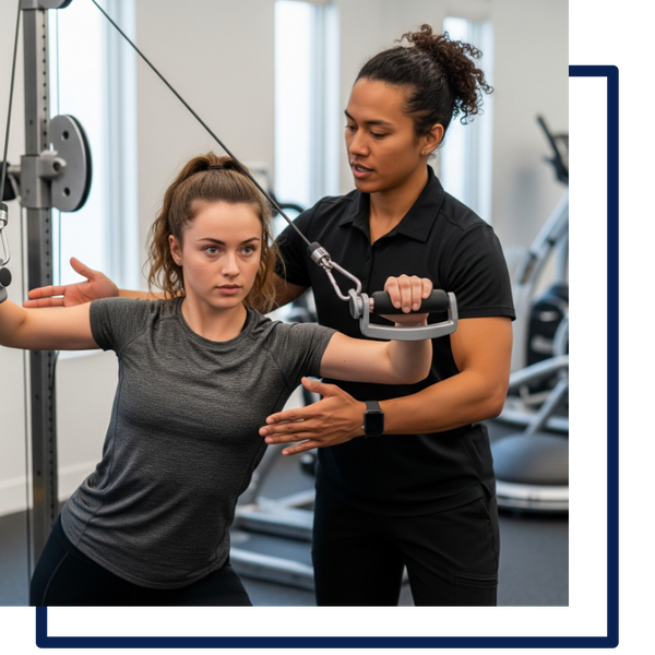 A female physical therapist guiding a patient using a modern pulley system, demonstrating the use of advanced rehabilitation techniques.