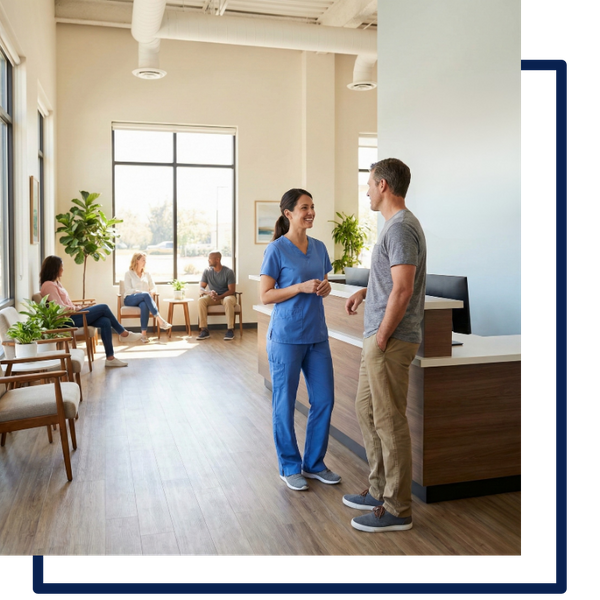A wide shot of the welcoming StayFIT Physical Therapy clinic interior, showing a patient smiling while talking to a therapist, highlighting the friendly and professional brand atmosphere.