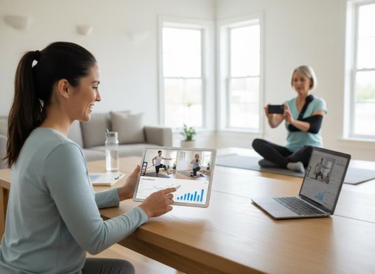 A woman tracks virtual fitness on a tablet, showing exercise videos and progress graphs. A woman with an arm sling records an exercise. Woman tracking virtual fitness progress