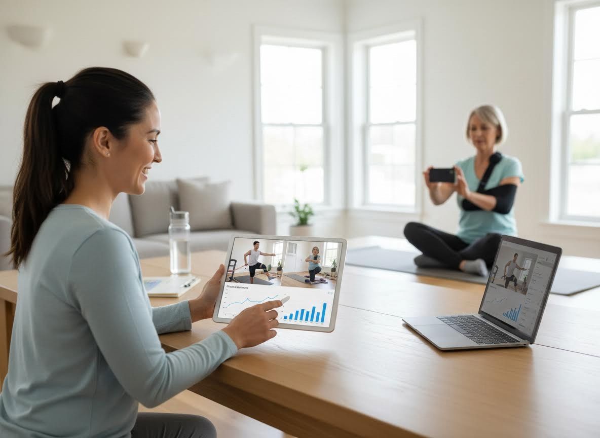 Woman tracking virtual fitness progress