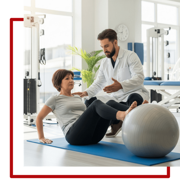 A patient learns a core strengthening exercise from their physical therapist for back pain relief and improved spine care. A patient learns a core strengthening exercise from their physical therapist for back pain relief and improved spine care.