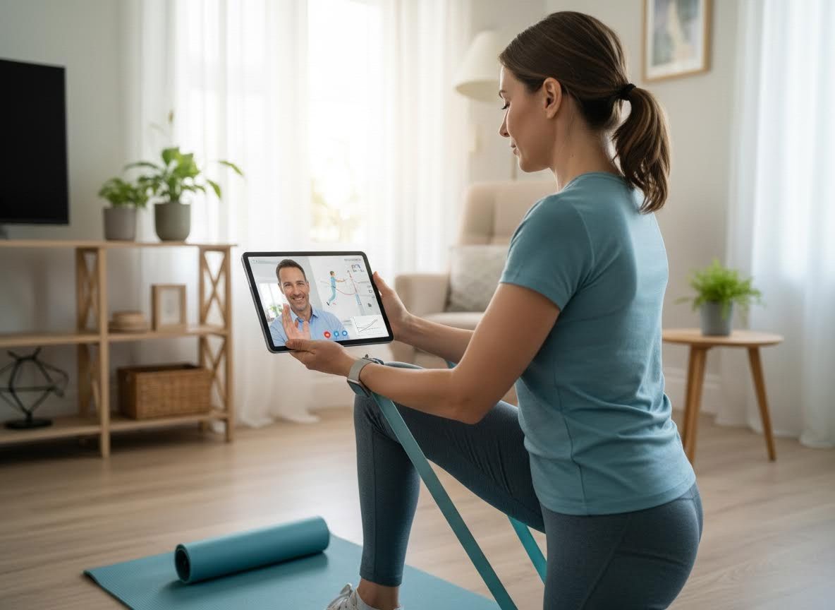 Woman Exercising at Home with Virtual Trainer on Tablet