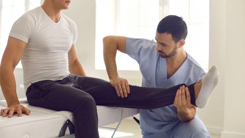 physical therapist stretching man's leg