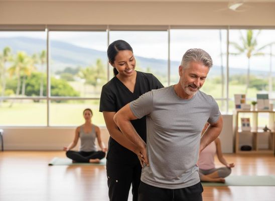 Wellness Coach Assisting Man with Lower Back in Studio
