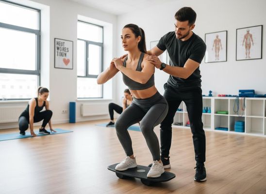 A female client performs squats on a balance board while a male personal trainer assists her posture in a bright fitness studio. Personal trainer guiding woman in squats on balance board