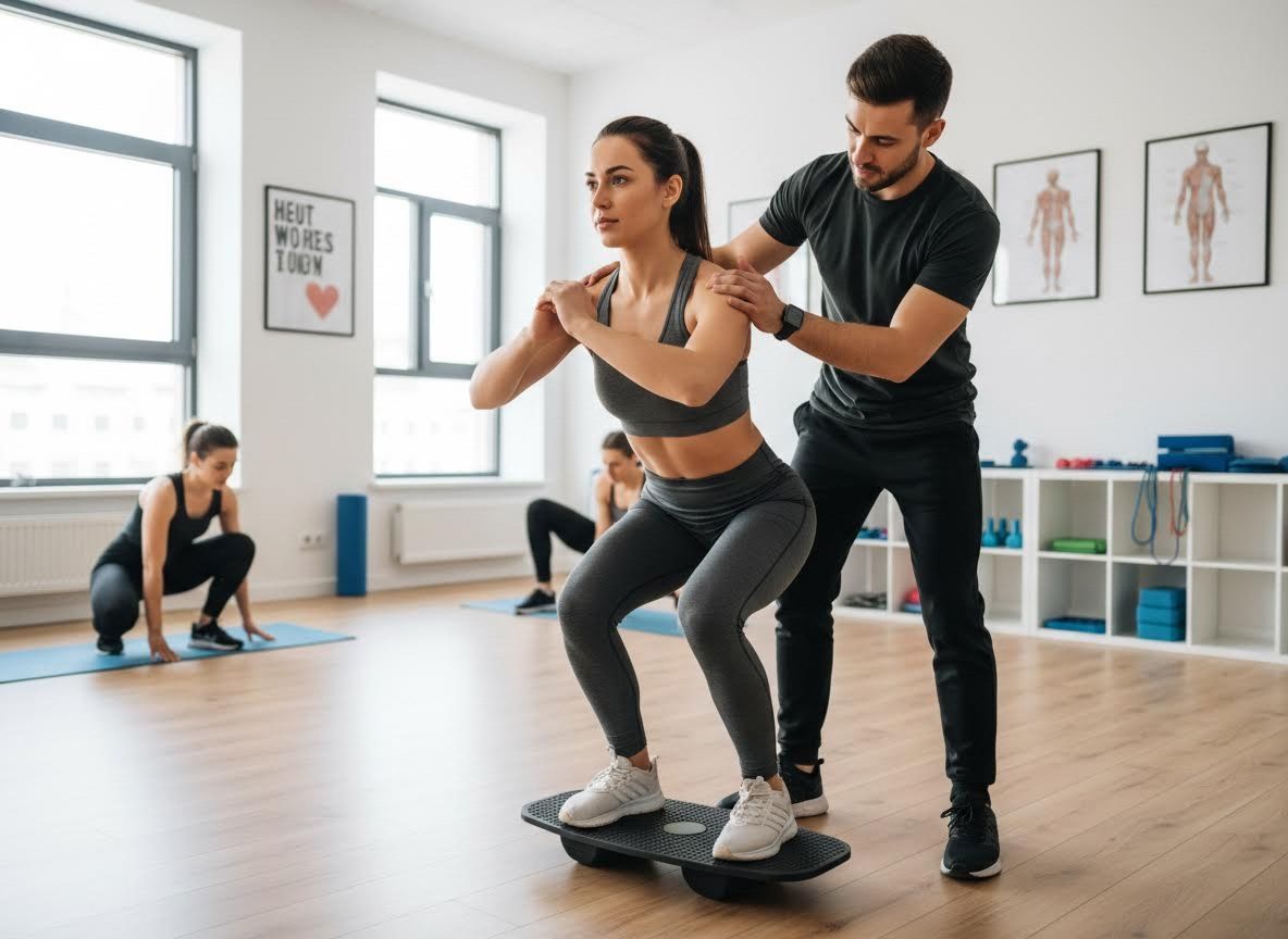 Personal trainer guiding woman in squats on balance board