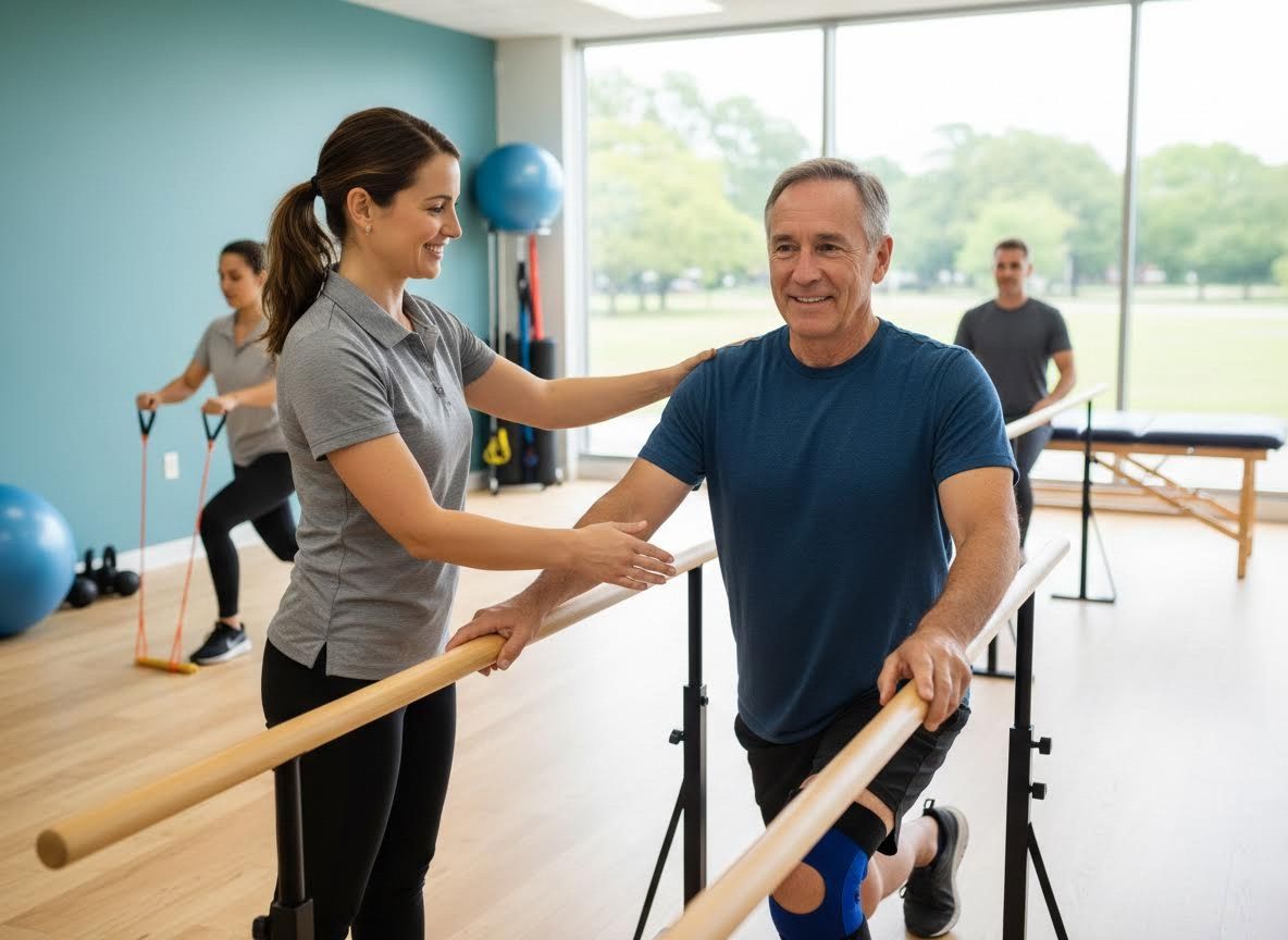 Physical Therapist Assisting Male Patient with Parallel Bars
