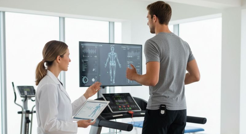 A physical therapist at StayFIT monitors an athlete's running gait on a treadmill for injury prevention screening.