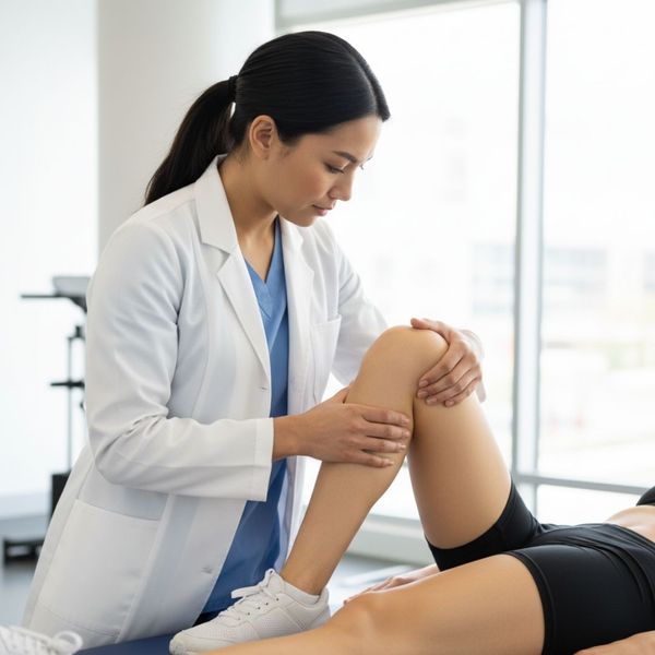 Physical therapist performing a manual assessment of an athlete's leg and hamstring flexibility.