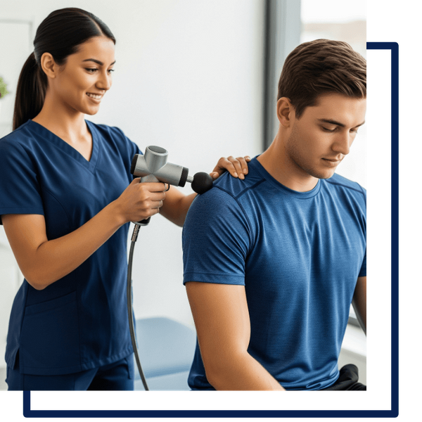 A physical therapist treats a sports-related overuse injury on an athlete's shoulder to facilitate a return to peak performance. A physical therapist treats a sports-related overuse injury on an athlete's shoulder to facilitate a return to peak performance.