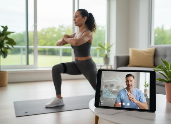 Woman exercising with virtual coach on tablet