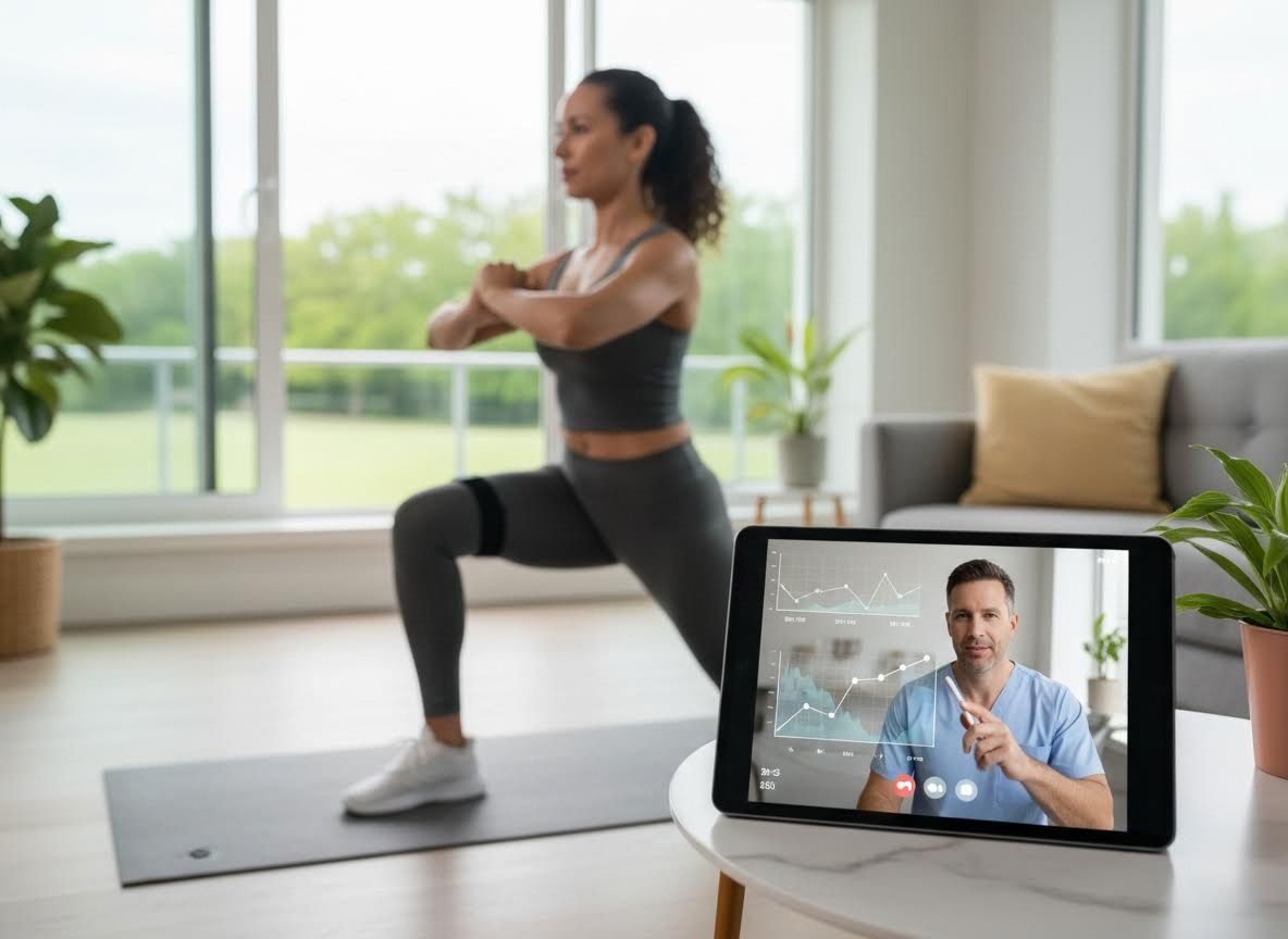Woman exercising with virtual coach on tablet