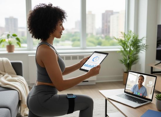Woman doing squats with remote physical therapy and wearable tech
