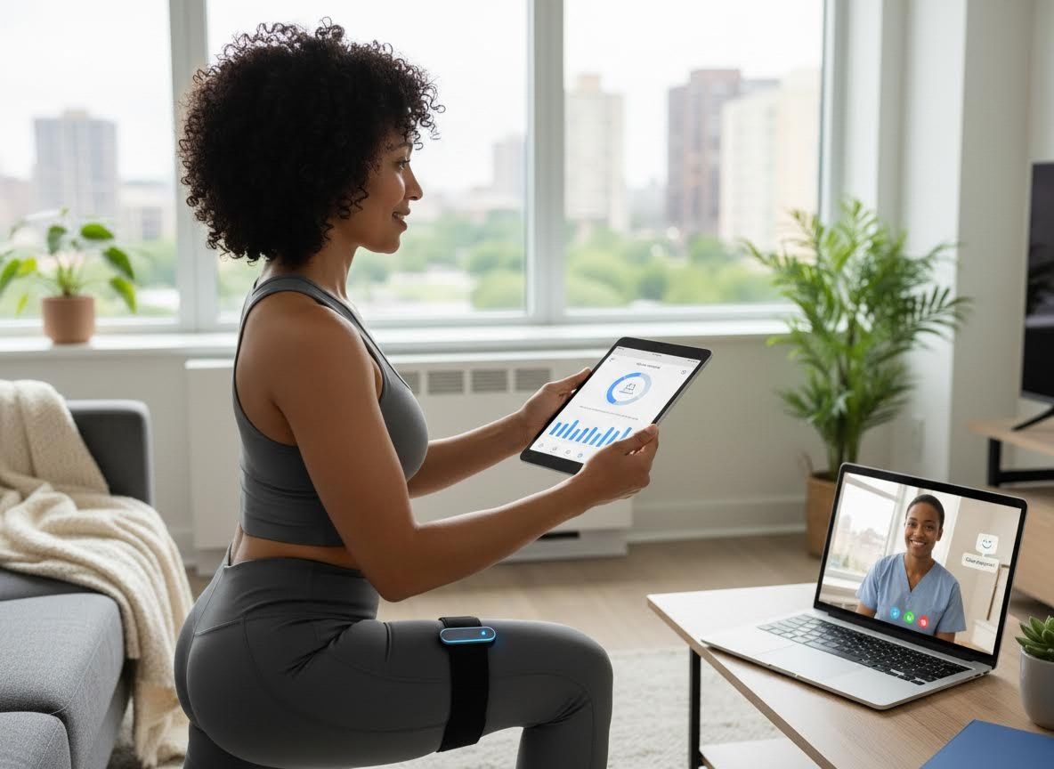 Woman doing squats with remote physical therapy and wearable tech