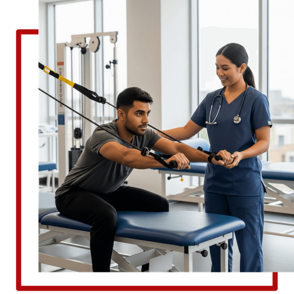 A determined patient undergoes a post-surgical rehabilitation program, using specialized equipment under the watchful eye of their physical therapist. A determined patient undergoes a post-surgical rehabilitation program, using specialized equipment under the watchful eye of their physical therapist.