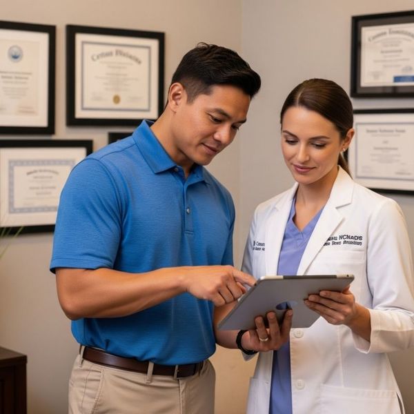 Two professional physical therapists, a man and a woman, collaborating and discussing a patient's case on a tablet, symbolizing their collective experience.