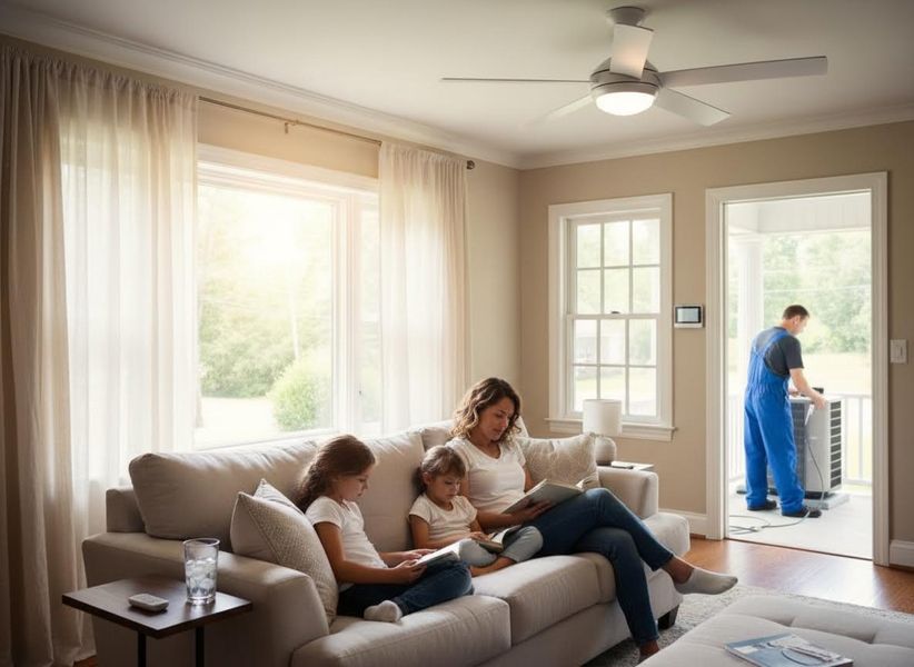 Mother and two daughters read on a sofa in a bright living room, while a technician in blue overalls works on an outdoor AC unit. Family Comfort with Home Service