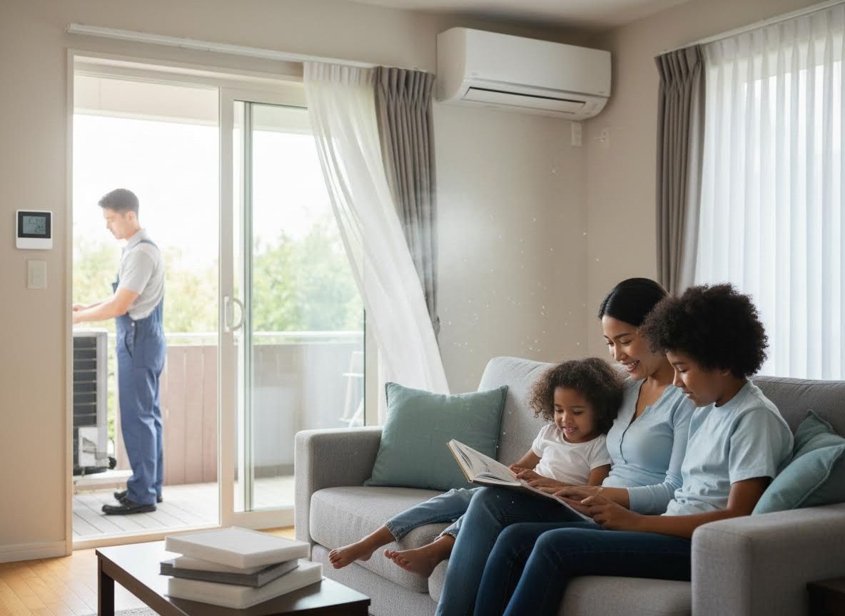 Family reads as AC technician works on outdoor unit