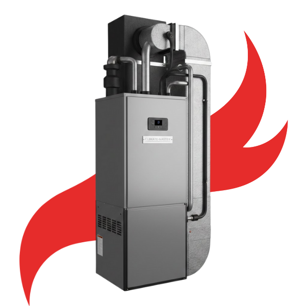 Isolated image of a home furnace with a heat icon in the background.