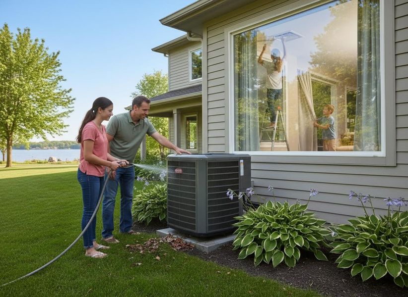 A man and teen girl clean an outdoor AC unit with a hose. Inside, a woman on a ladder hangs curtains with a boy's help. Family performing home maintenance activities