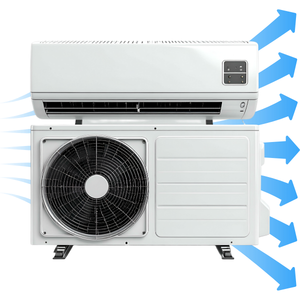 A wall-mounted AC unit and an outdoor AC unit with cool line arrow designs in the background.