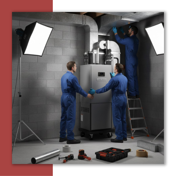 Three furnace technicians completing an installation.