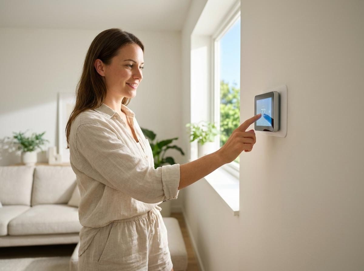 Woman Adjusting Smart Thermostat in Modern Home