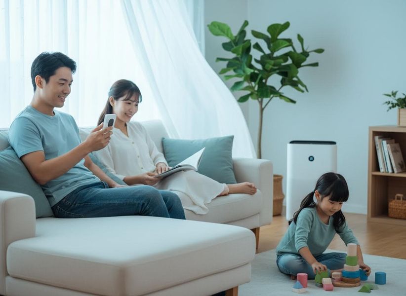 An Asian family relaxes in a bright living room. Father uses a phone, mother reads, and their daughter plays with blocks near an air purifier. Family relaxing at home with air purifier