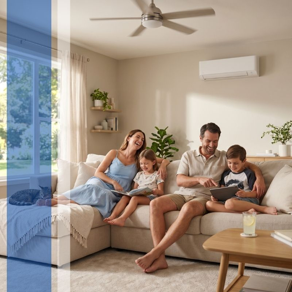 Family relaxing in living room with ductless mini-split AC. Family relaxing in living room with ductless mini-split AC.