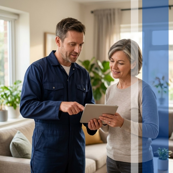 A male HVAC technician in a blue uniform stands in a well-lit living room next to a middle-aged female homeowner, smiling and pointing at a silver digital tablet they are looking at together.