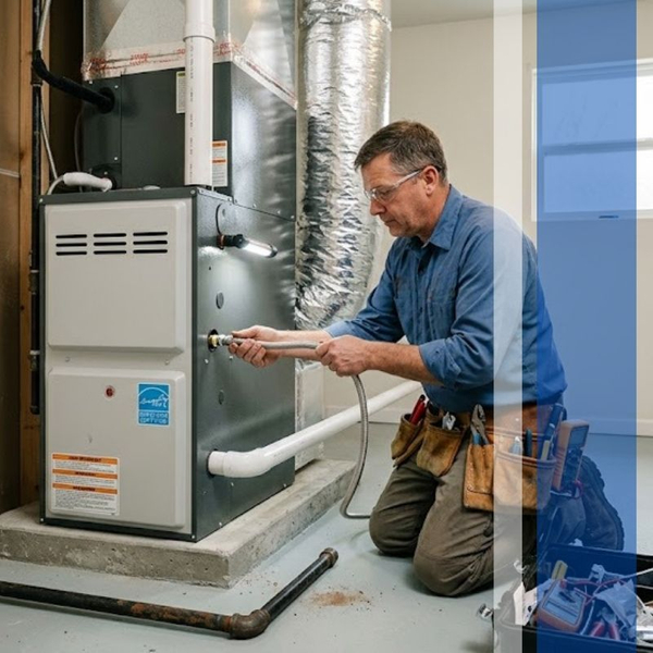 Technician kneeling to service an indoor furnace system