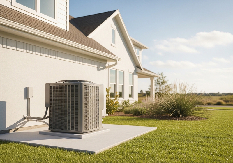 Modern high-efficiency outdoor HVAC unit installed at a suburban Texas home.