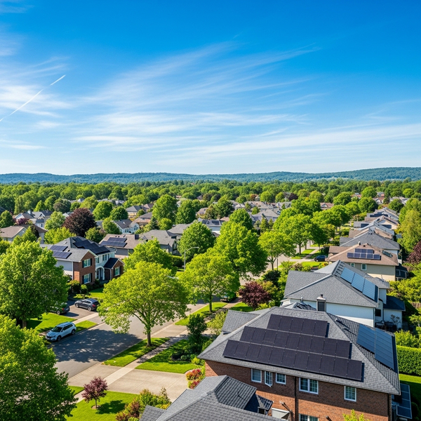 Green suburban neighborhood representing eco-friendly living.