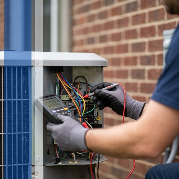 A close-up of an HVAC technician's hands wearing gray gloves, using a digital multimeter with a red probe to test the colorful electrical wiring inside an open outdoor air conditioning condenser unit. A close-up of an HVAC technician's hands wearing gray gloves, using a digital multimeter with a red probe to test the colorful electrical wiring inside an open outdoor air conditioning condenser unit.