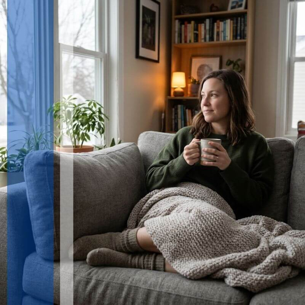person enjoying a comfortable home during winter